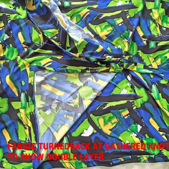 TUNIC, STRETCH, BLUE/YELLOW/GREEN, SIZE 3X, VEE NECK, WAIST TIES FOR BOW, - Picture 8 of 13